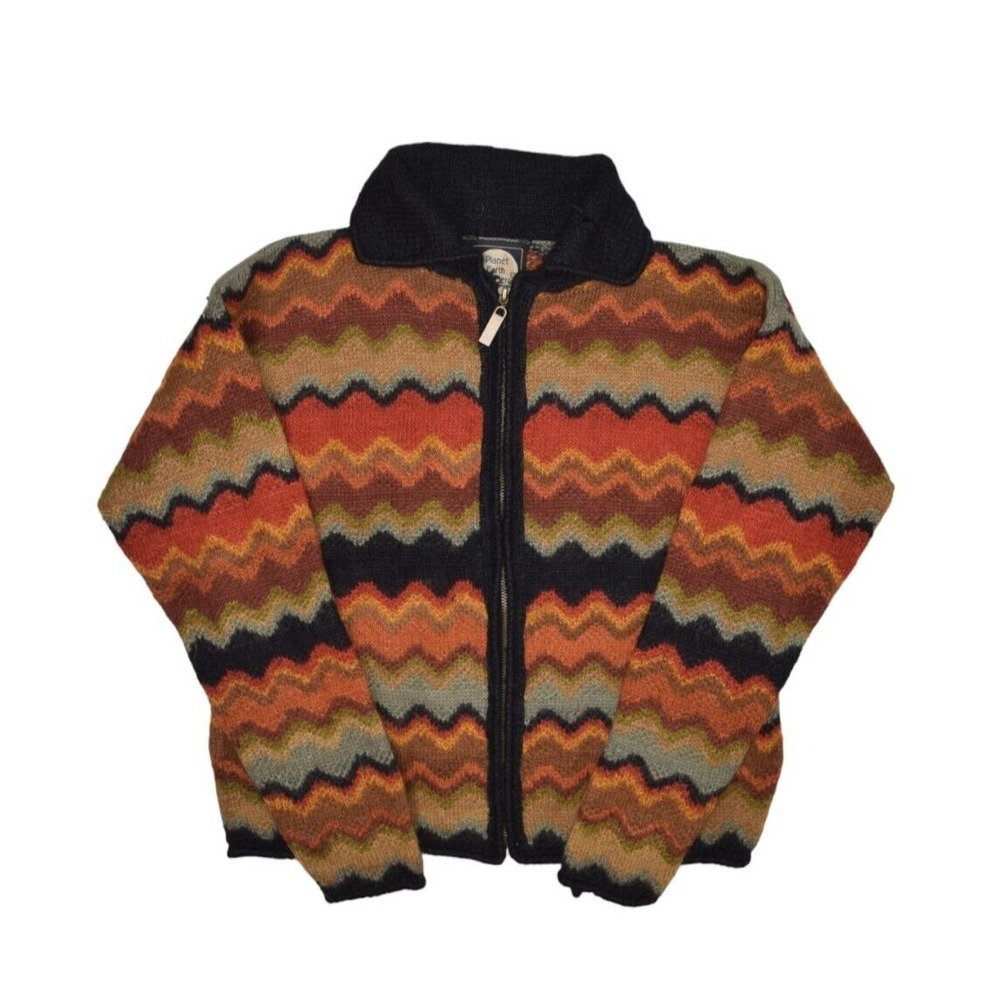 Planet Earth Sweater Womens S Llama Wool Zip Cardigan Zig Zag Striped Bolivia